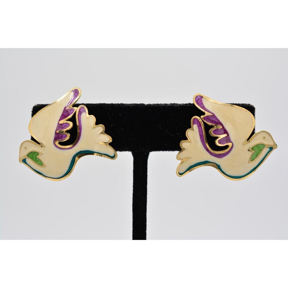 Two Hands Vintage Earrings Dove Birds White Enamel Christmas Signed 1980s BinAO